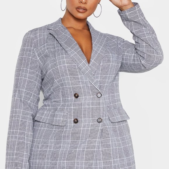 PrettyLittleThing Jackets & Blazers - NWT New PRETTY LITTLE THING Grey Check Tortoise Button Blazer UK 18 / US 14
